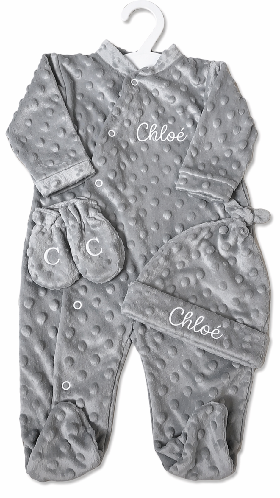 Ensemble naissance personnalisé gris – Pyjama, bonnet & gants en Minky