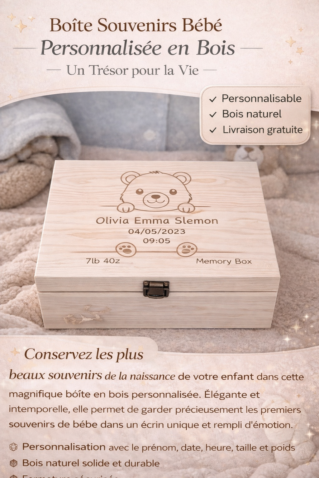 Boîte personnalisée en bois idéale pour cadeaux un trésor pour la vie